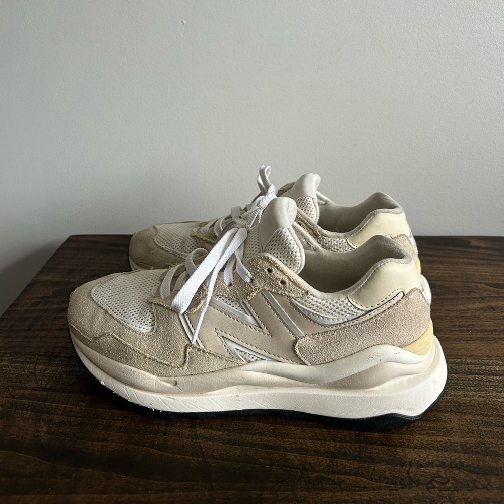 New Balance 57/40 Beige and White Sneakers, Size 9.